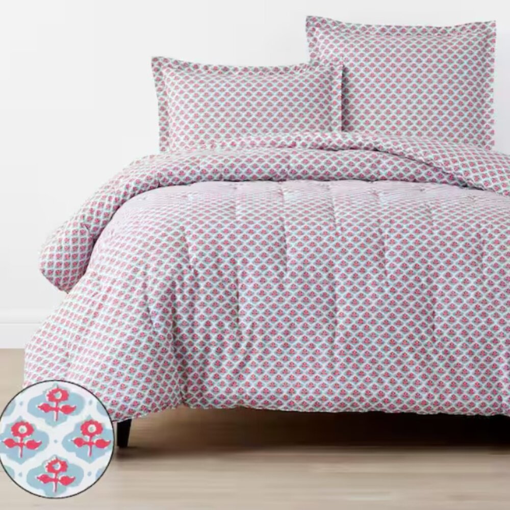 The Company Store Company Cotton Mini Garden Block Gray/Red Twin Comforter- New!